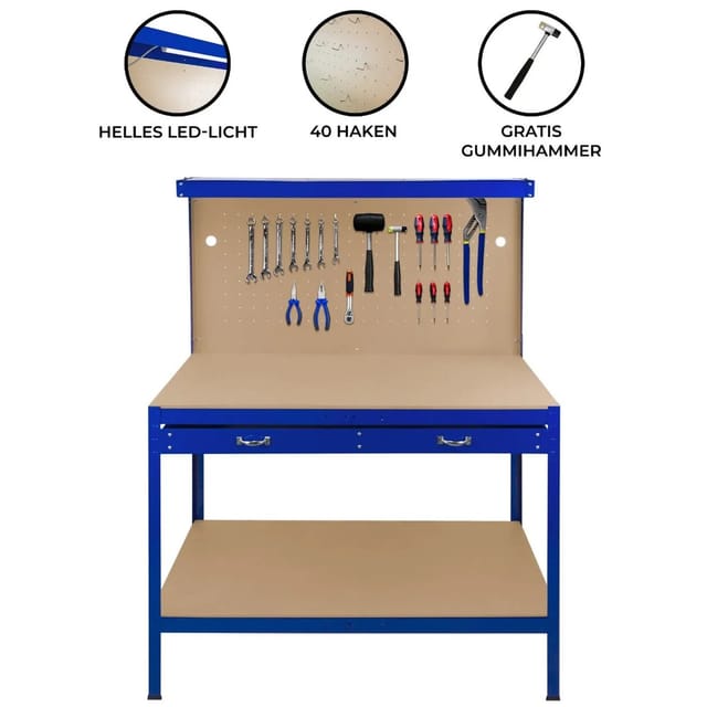 Monstershop Werkbank mit Lochwand, Schublade & Licht Blau