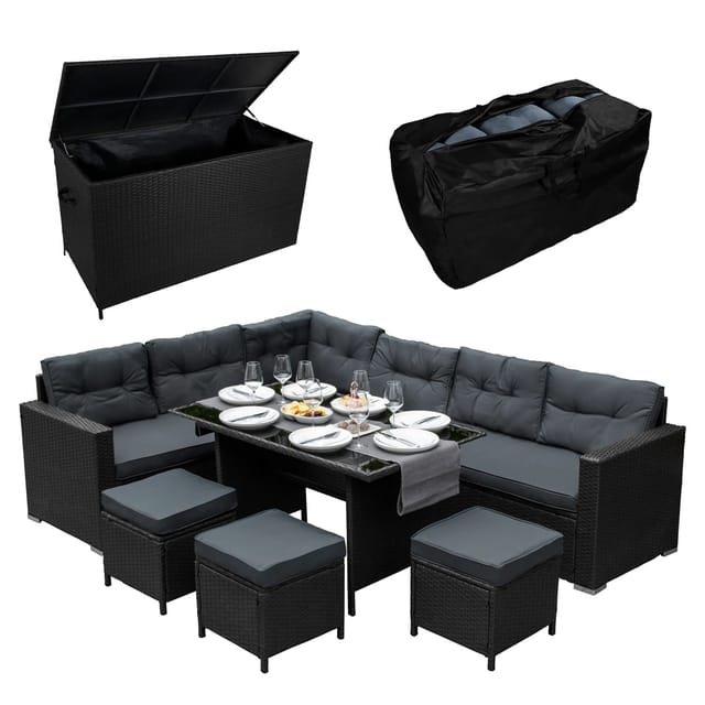 Monstershop Rattan Eckgarnitur & Kissenbox Schwarz