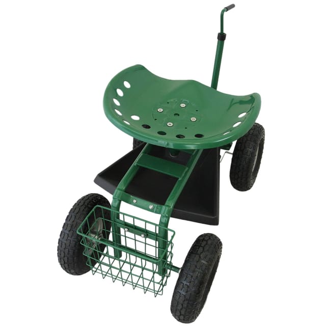 Monstershop Fahrbarer Gartensitz mit Werkzeugfach und Korb