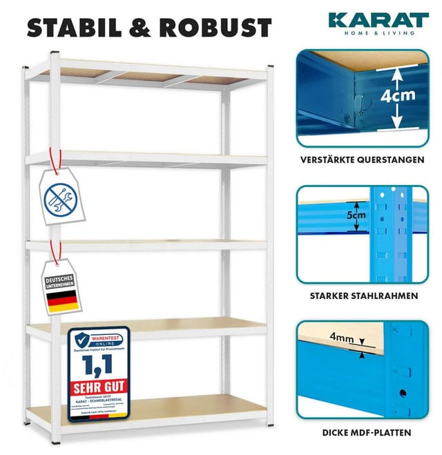 KARAT Schwerlastregal Weiß für Keller und Werkstatt Gesamtlast 875 kg 180 x 90 x 45 cm