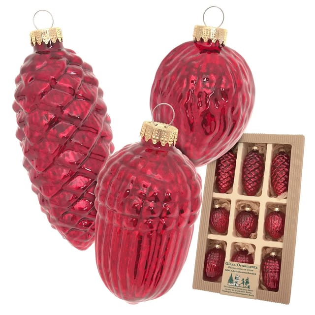 Krebs Glas Lauscha Weihnachtsornamente Zapfen und Nüsse Effektrot 9-tlg. 5cm