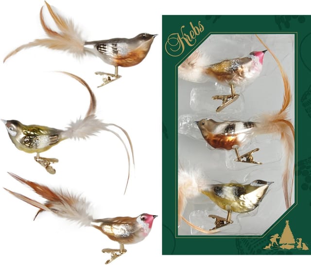 Krebs Glas Lauscha Weihnachtsornamente Vögel Wintervögel 3-tlg. 7cm