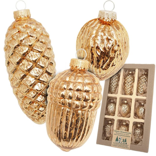 Krebs Glas Lauscha Weihnachtsornamente Zapfen und Nüsse Effektgold 9-tlg. 5cm