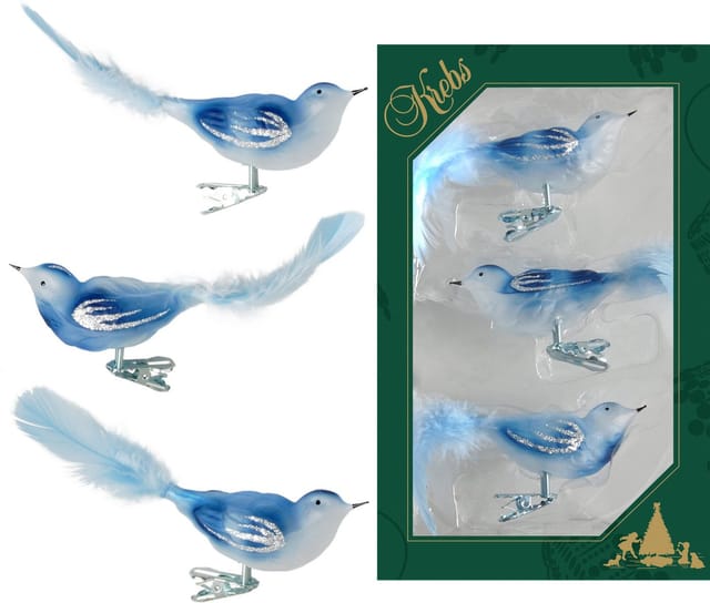 Krebs Glas Lauscha Weihnachtsornamente Vögel Blau 3er-Set 7cm