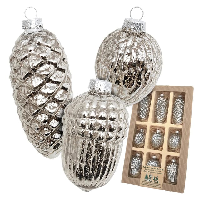 Krebs Glas Lauscha Weihnachtsornamente Zapfen und Nüsse Effektsilber 9-tlg. 5cm