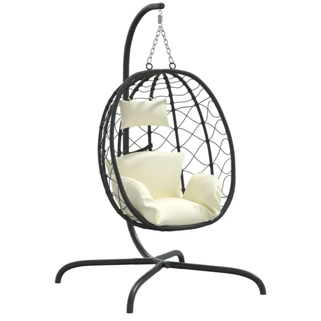 vidaXL Hängesessel Ei mit Kissen Cremeweiß Poly Rattan & Stahl 1629490