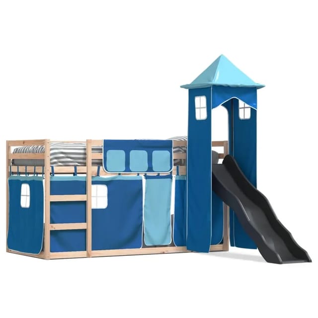 vidaXL Etagenbett mit Rutsche und Gardinen Blau 80x200 cm2101531
