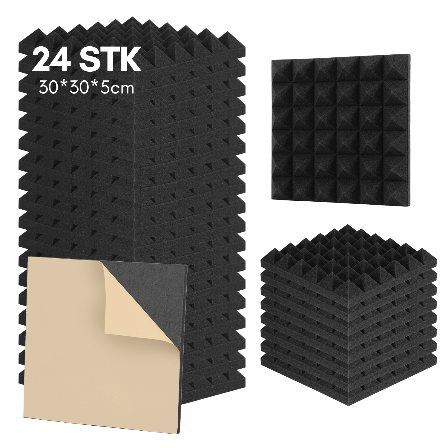 Wolketon 24 Stück Akustikschaumstoff Akustikschaum Matten 30 X 30 X 5cm Schalldämmmatten Zur Effektiven Schaumstoff Fliesen Pyramide Schwarz