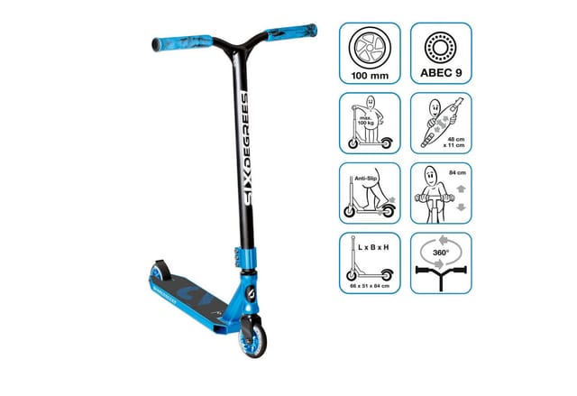 Six Degrees Stuntscooter mit Verstärktem Wing-Lenker HIC Compression-System 100 mm ABEC 9 360-Grad-Lenkung Blau
