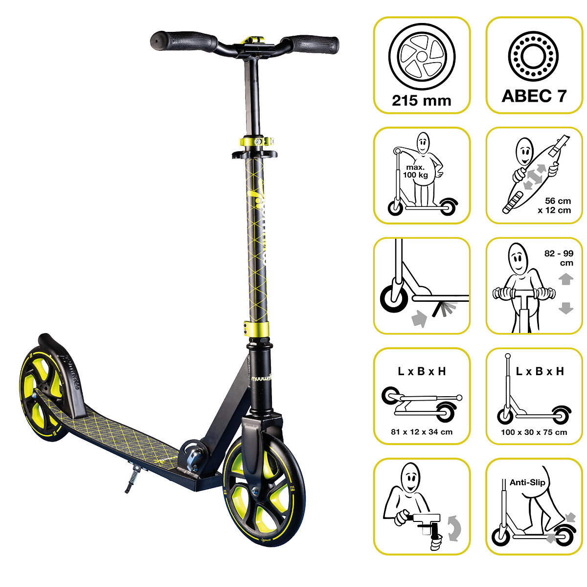 Muuwmi Aluminium Scooter Pro Tretroller 215 mm ABEC 7 Kinder und Erwachsene GS-Geprüft Höhenverstellbar New Lime Bild 4