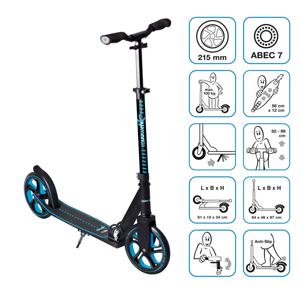 Muuwmi Aluminium Scooter Pro Tretroller 215 mm ABEC 7 GS-Geprüft Höhenverstellbar XL-Deck BMX-Lenker Blau