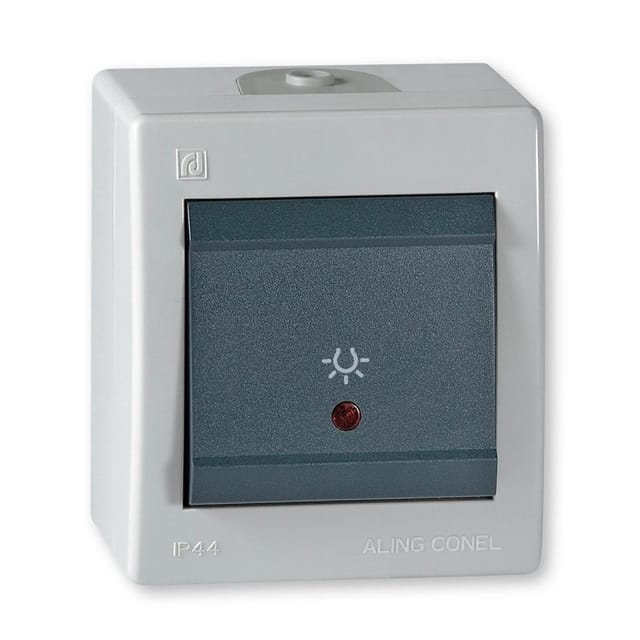 Aling-Conel Aufputz Taster mit Lichtsymbol und Glimmlampe 10AX250V IP 44 Grau