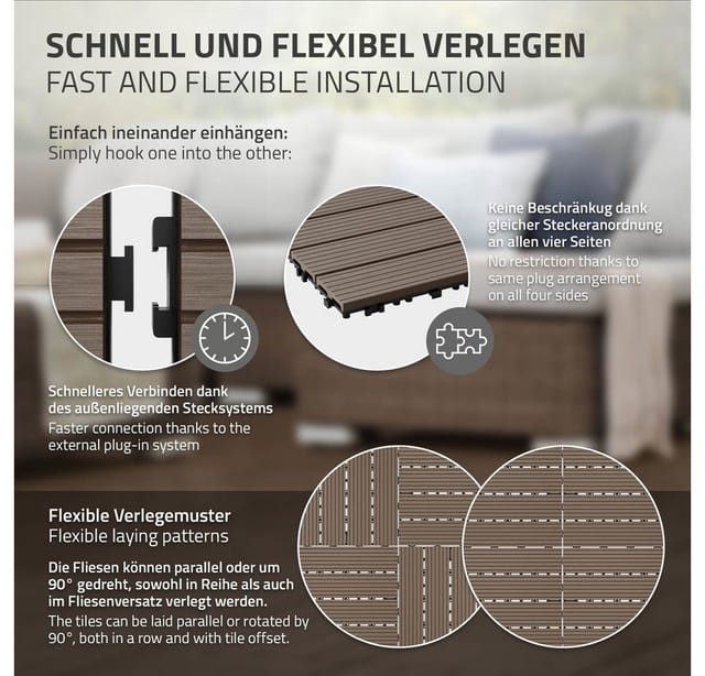 ECD Germany WPC Terrassenfliesen 30x30 cm 44er Spar Set Dunkelbraun in Holzoptik