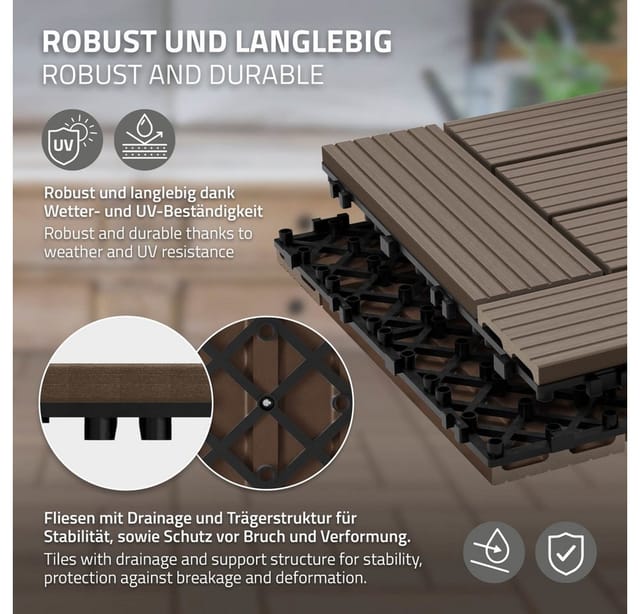 ECD Germany WPC Terrassenfliesen 30x30cm 44er Spar Set Dunkelbraun Holzoptik