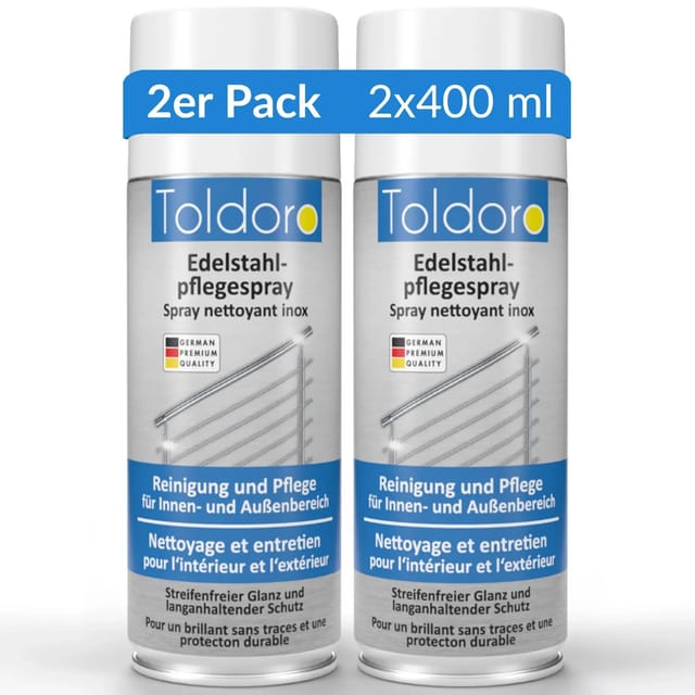 Toldoro 2x Edelstahl Pflegespray 400ml Edelstahlreiniger für Küche oder Grill Edelstahlpflege Spray als Reinigungsmittel oder Metallreiniger