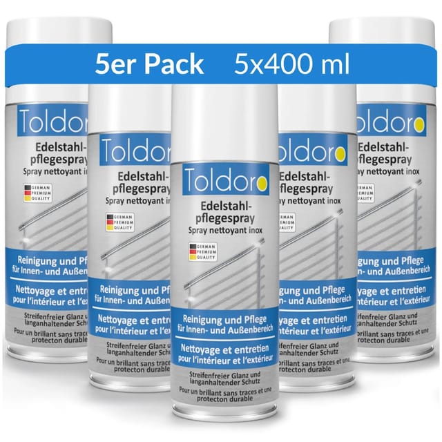 Toldoro 5x Edelstahl Pflegespray 400ml Edelstahlreiniger für Küche oder Grill Edelstahlpflege Spray als Reinigungsmittel oder Metallreiniger
