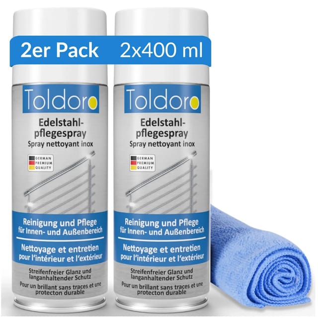 Toldoro Set 2x Edelstahl Pflegespray 400ml Edelstahlreiniger für Küche oder Grill Edelstahlpflege Spray als Reinigungsmittel oder Metallreiniger