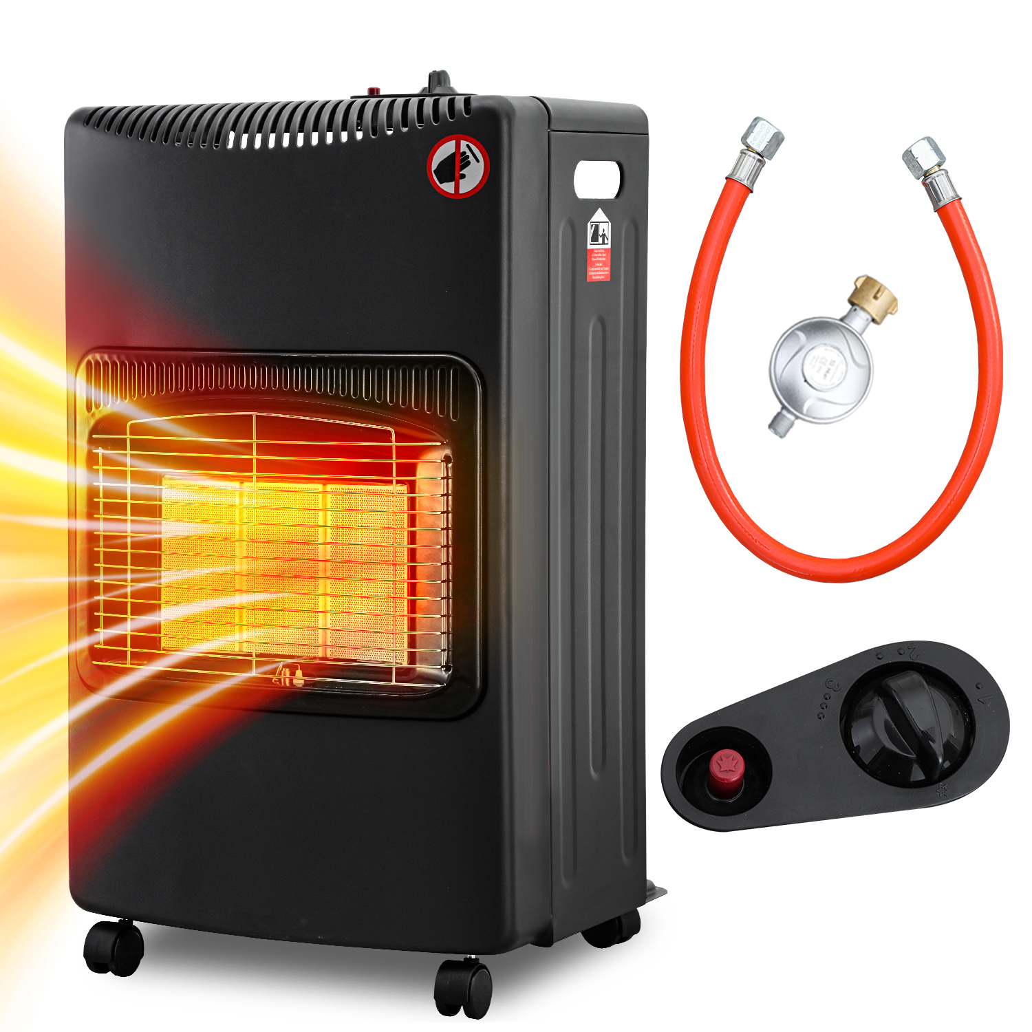 Randaco Gasheizer 4200w Keramik, 3 Heizstufen, Ods & Kippschutz, Inkl. Druckregler Und Schlauch, 4 Rollen