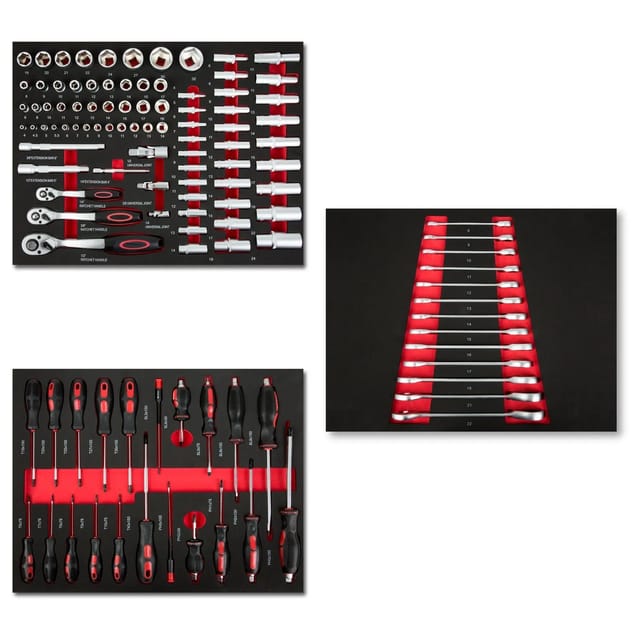 EBERTH Multitool Werkzeug Set 114 Teile für Werkzeugwagen für 3 Schubladen Rot