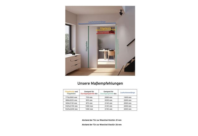 inova Loft Glasschiebetür 755 x 2035 mm Komplettset mit Aluminium Profil Schwarz inkl. 2Seitiger Softclose