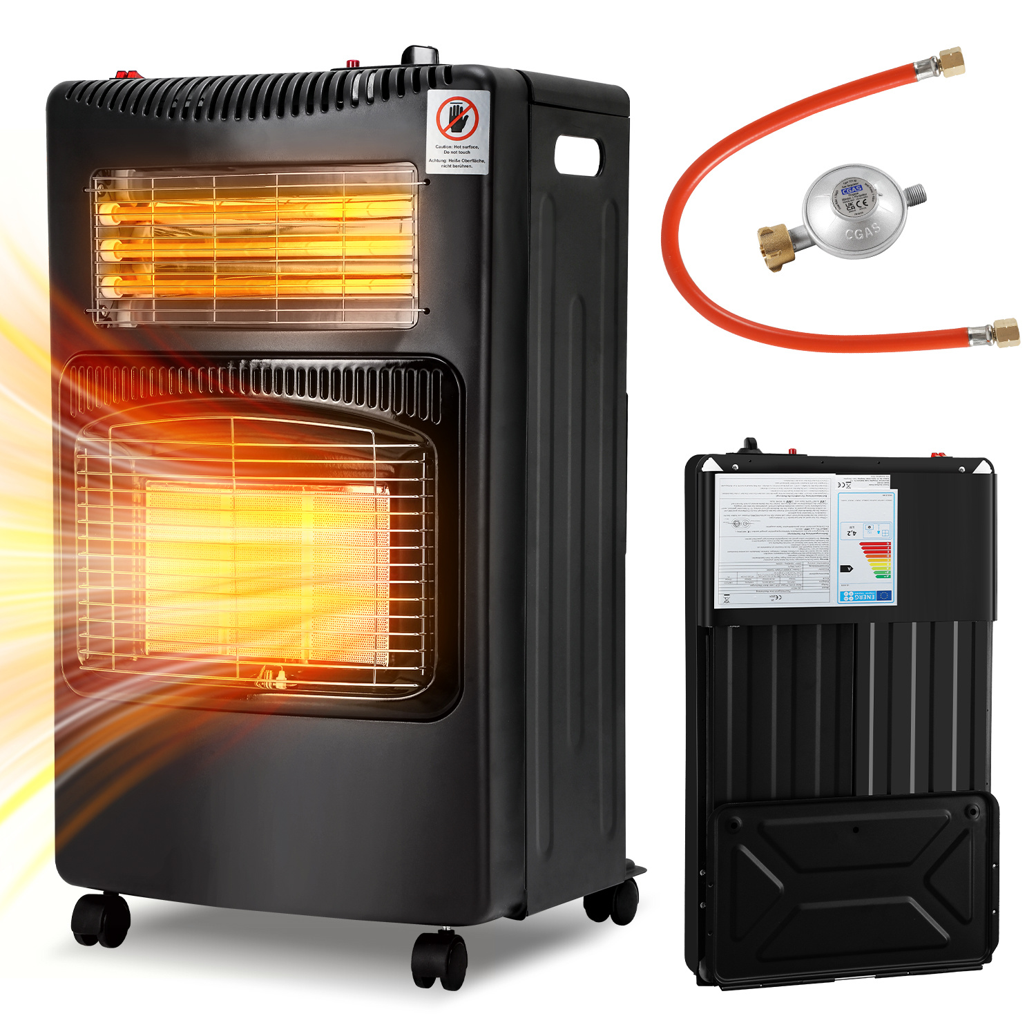 Jiubiaz Gasofen Elektro Kombi 4200/1200 Watt, Piezozündung, Kippschutz, Ods, 4 Lenkrollen, Schwarz