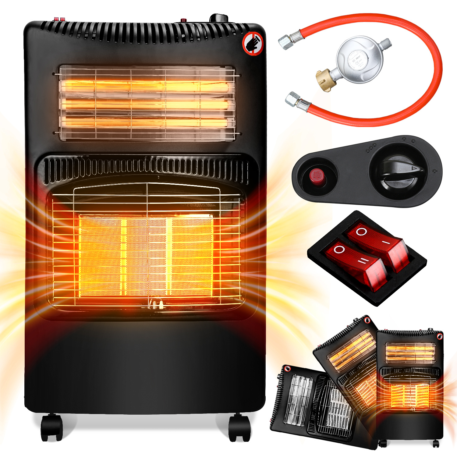 Jiubiaz Gasofen Elektro Kombi 4200/1200 Watt, Piezozündung, Kippschutz, Ods, 5 Lenkrollen, Schwarz