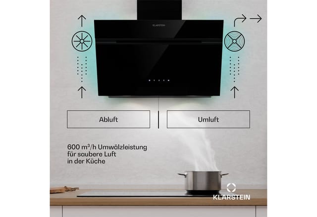 Klarstein Alina Dunstabzugshaube EEK A Touch LED-Beleuchtung Abluft/Umluft 600 m³/h Schwarz