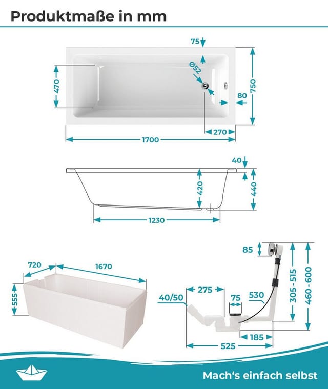 Calmwaters Rechteckwanne Modern Square 170x75 cm Set Wannenträger & Ablaufgarnitur 99000165