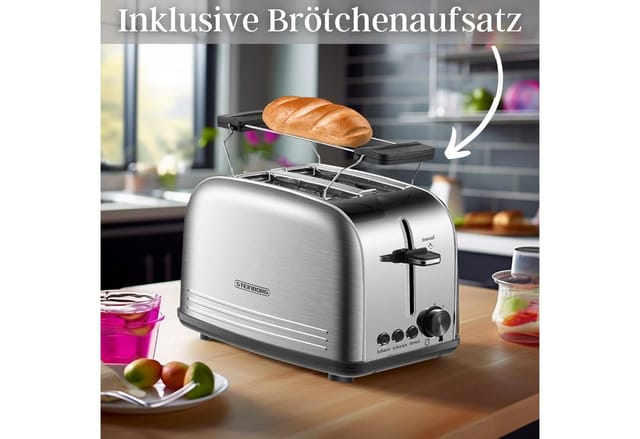 Steinborg SB-2071 2 Scheiben Edelstahl Toaster mit Brötchenaufsatz 850 Watt