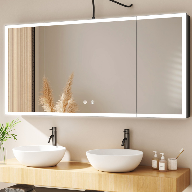 Großer Spiegelschrank Bad Mit Beleuchtung 120x60 Cm, Led Spiegelschrank Schwarz Mit Beleuchtung Badezimmerschrank Hängeschränke Mit 3 Einstellbare Lichtfarben, Beschlagfrei, Komplett Vormontiert
