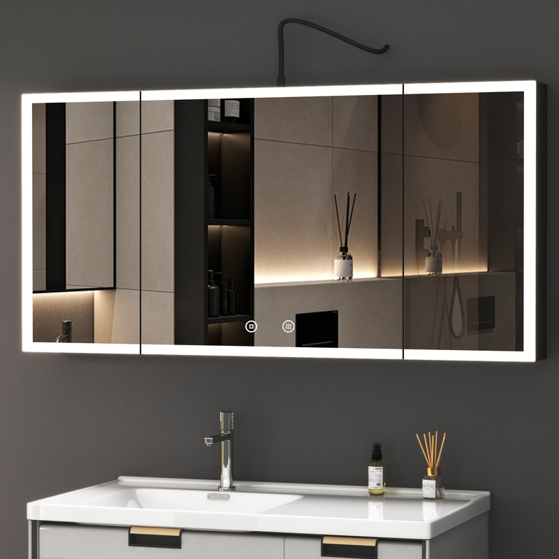 Großer Spiegelschrank Bad Mit Beleuchtung 120x60 Cm, Spiegelschrank Schwarz Mit Beleuchtung Badezimmerschrank Bad-hängeschränke Mit 3 Einstellbare Lichtfarben, Beschlagfrei, Komplett Vormontiert