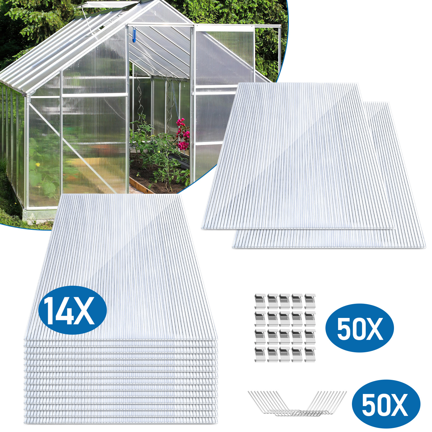 Wolketon 14x Polycarbonat Hohlkammerplatten 4mm Mit 100 Edelstahl Gewächshausklammern Transparent Hohlkammerstegplatten Uv-beständigen Für Gewächshaus Carports