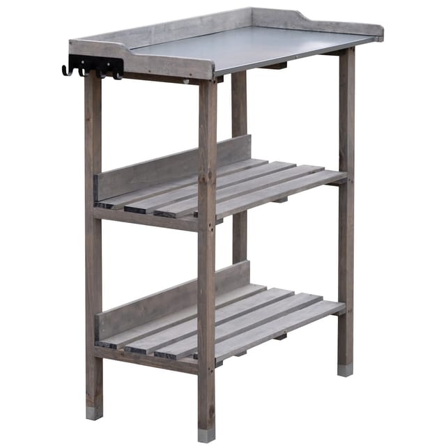 NYVI Pflanztisch aus Holz 76 x 38 x 89 cm Grau Ablageboden und Verzinkte Arbeitsplatte
