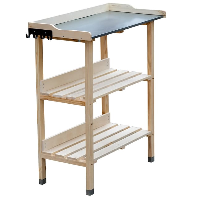NYVI Pflanztisch aus Holz 76 x 38 x 89 cm Natur Ablageboden und Verzinkte Arbeitsplatte