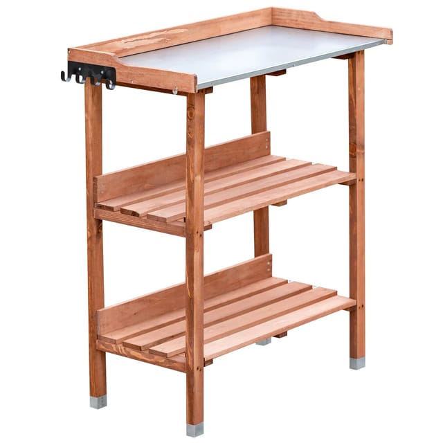 NYVI Pflanztisch aus Holz 76 x 38 x 89 cm Braun Ablageboden und Verzinkte Arbeitsplatte