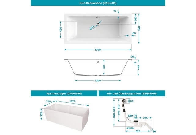 Calmwaters Duowanne Modern Select 170x75 cm Set Wannenträger und Ablaufgarnitur 99000157