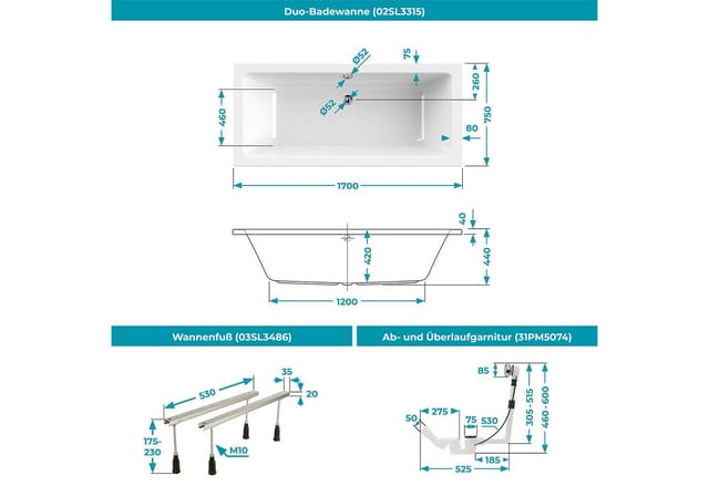 Calmwaters Duo-Badewanne Modern Select 170x75 cm Set Wannenfuß & Ablaufgarnitur 99000293