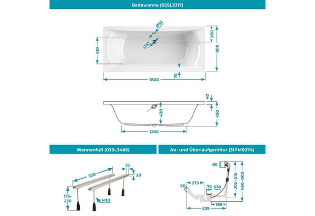 Calmwaters Duo-Badewanne Modern Curved 180x80 cm Set Wannenfuß & Ablaufgarnitur 99000299