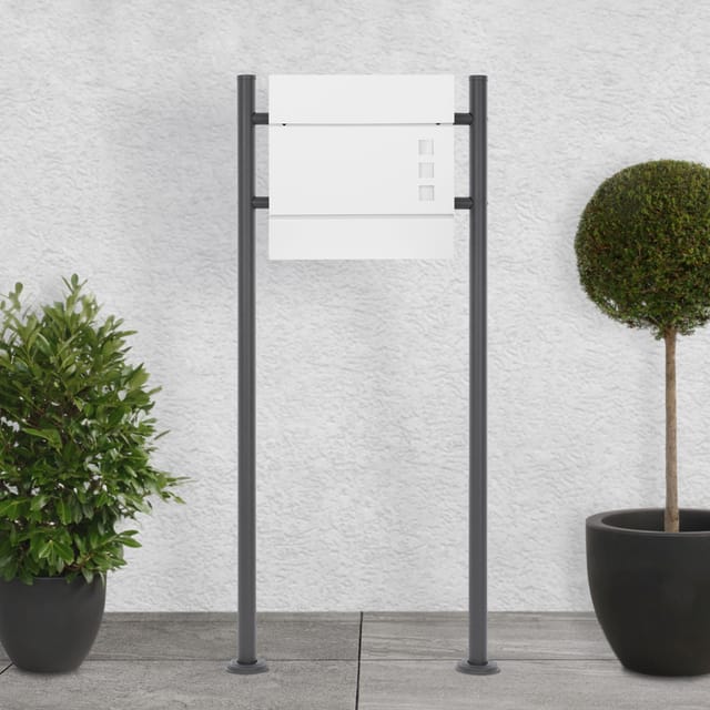 ECD Germany Standbriefkasten Weiß mit Zeitungsfach mit Ständer Anthrazit 120cm