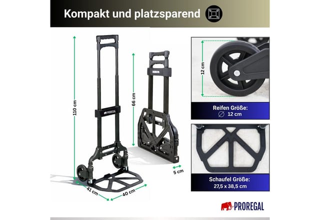 PROREGAL Klappbare Profi-Sackkarre ELEPHANT 110x39x42cm Traglast 70kg Aluminiumrahmen TRR Fachgummiräder Schwarz
