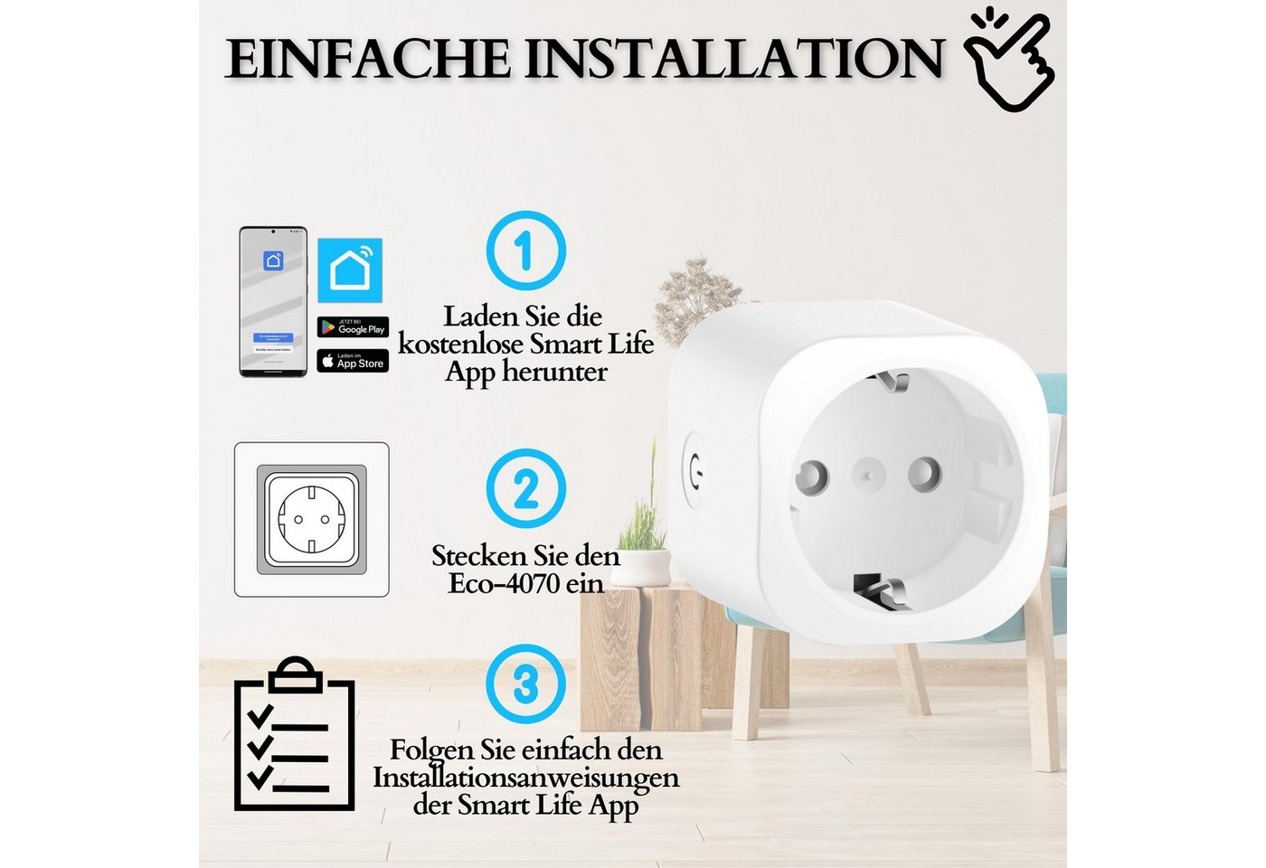 Echos Eco-4072 WLAN-Steckdosen Set 2er Pack mit Energiemonitor Tuya / Smart Life App Gesteuert