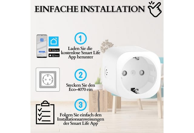 Echos Eco-4073 WLAN-Steckdosen Set 3er Pack mit Energiemonitor Tuya / Smart Life App Gesteuert