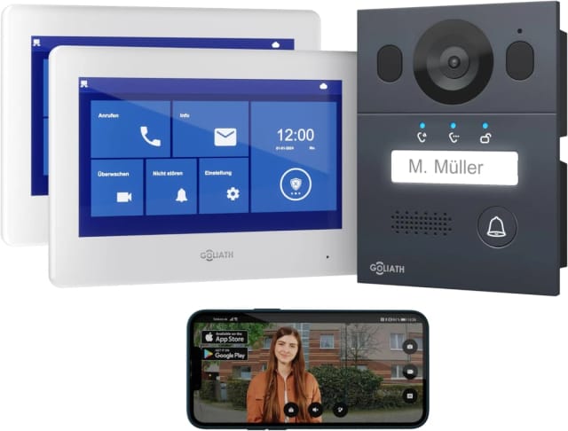 Goliath Basic Line 2-Draht Video Türsprechanlage 2x Monitore Weiß /Anthrazit Ausenstation Unterputzdose
