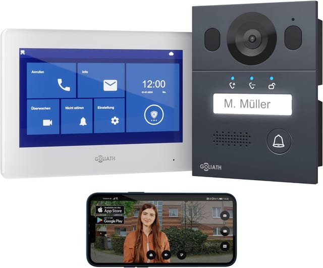 Goliath Basic Line 2-Draht Video Türsprechanlage 1x Monitor Weiß /Anthrazit Ausenstation Unterputzdose