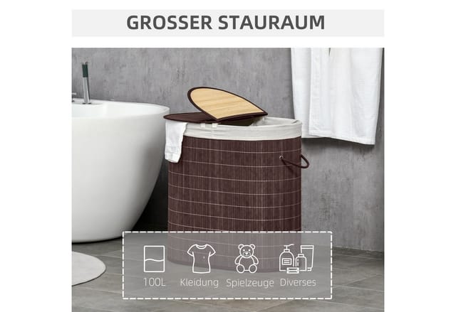 HOMCOM Wäschekorb 100L mit Deckel Griff 2 Wäschesäcken Bambus Braun
