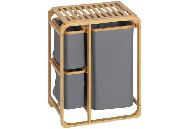 HOMCOM Wäschekorb mit 3 Abnehmbaren Wäschesäcke Bambus Grau Natur 50 x 32 x 69,7cm