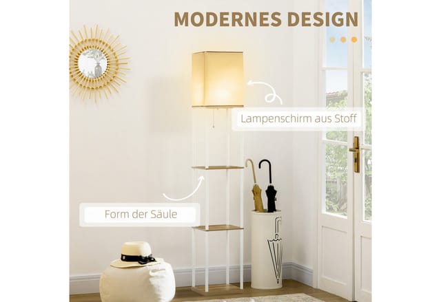 HOMCOM Stehlampe mit 3 Fächern E27 Sockel 40 W Weiß exkl. Glühbirne