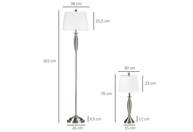 HOMCOM 3-Teiliges Stehlampen-Set inkl. 1 Stehleuchte & 2 Tischleuchten Silber Weiß