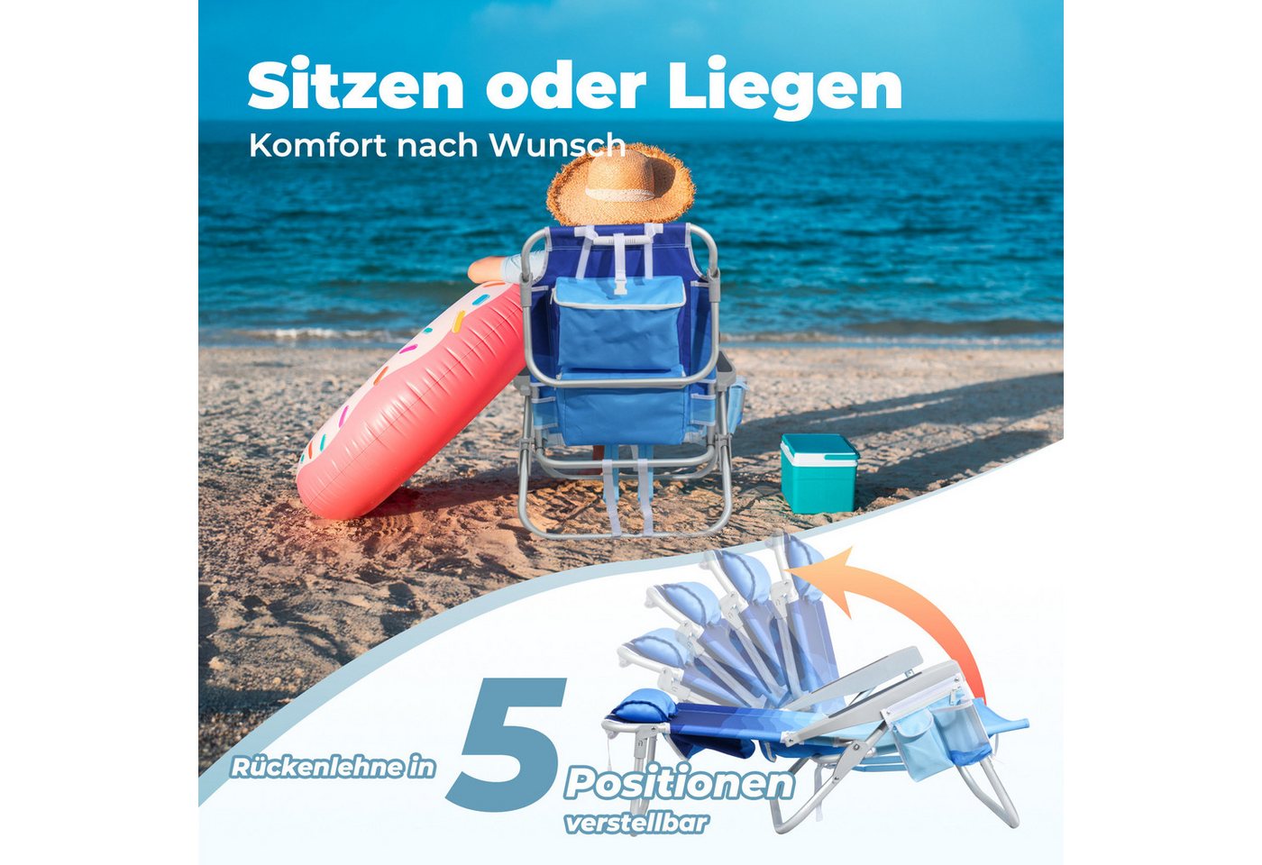 Klappstuhl Strandstuhl Klappbar Leicht Strand 5-stufig Verstellbare Rückenlehne,bis 136kg,aluminiumrahmen, Eine Große Isolierte Kühltasche, Aufbewahrungstasche, 2 St - Homecall