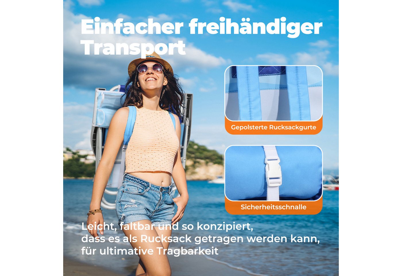 Klappstuhl Strandstuhl Klappbar Leicht Strand 5-stufig Verstellbare Rückenlehne,bis 136kg,aluminiumrahmen, Eine Große Isolierte Kühltasche, Aufbewahrungstasche, 2 St - Homecall Bild 2